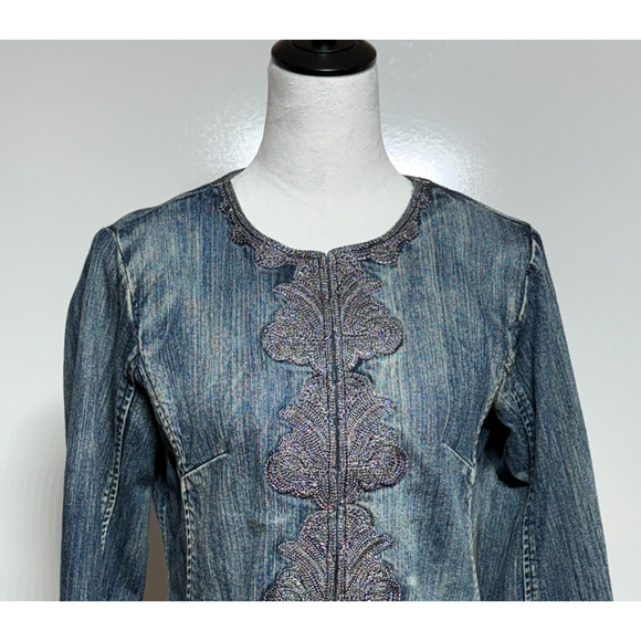 Coldwater Creek Jacket 10 Petite Blue Denim Embroidered Hook & Eye Closure - Picture 2 of 12